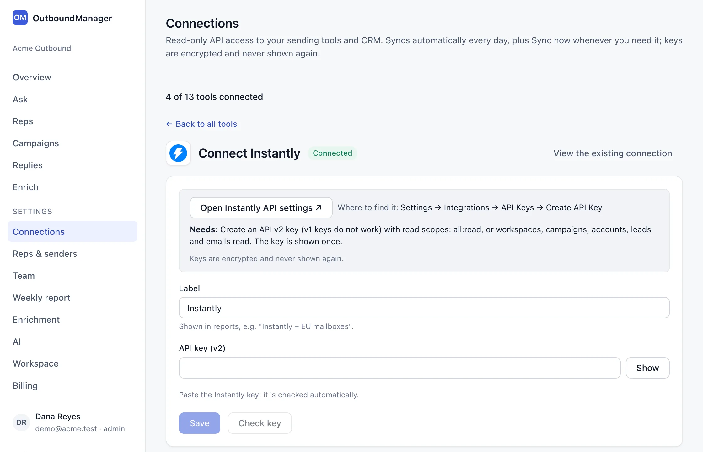 The Connect Instantly form: a button to open the Instantly API settings, the scopes the key needs, a label field, the API key field, and Save and Check key buttons