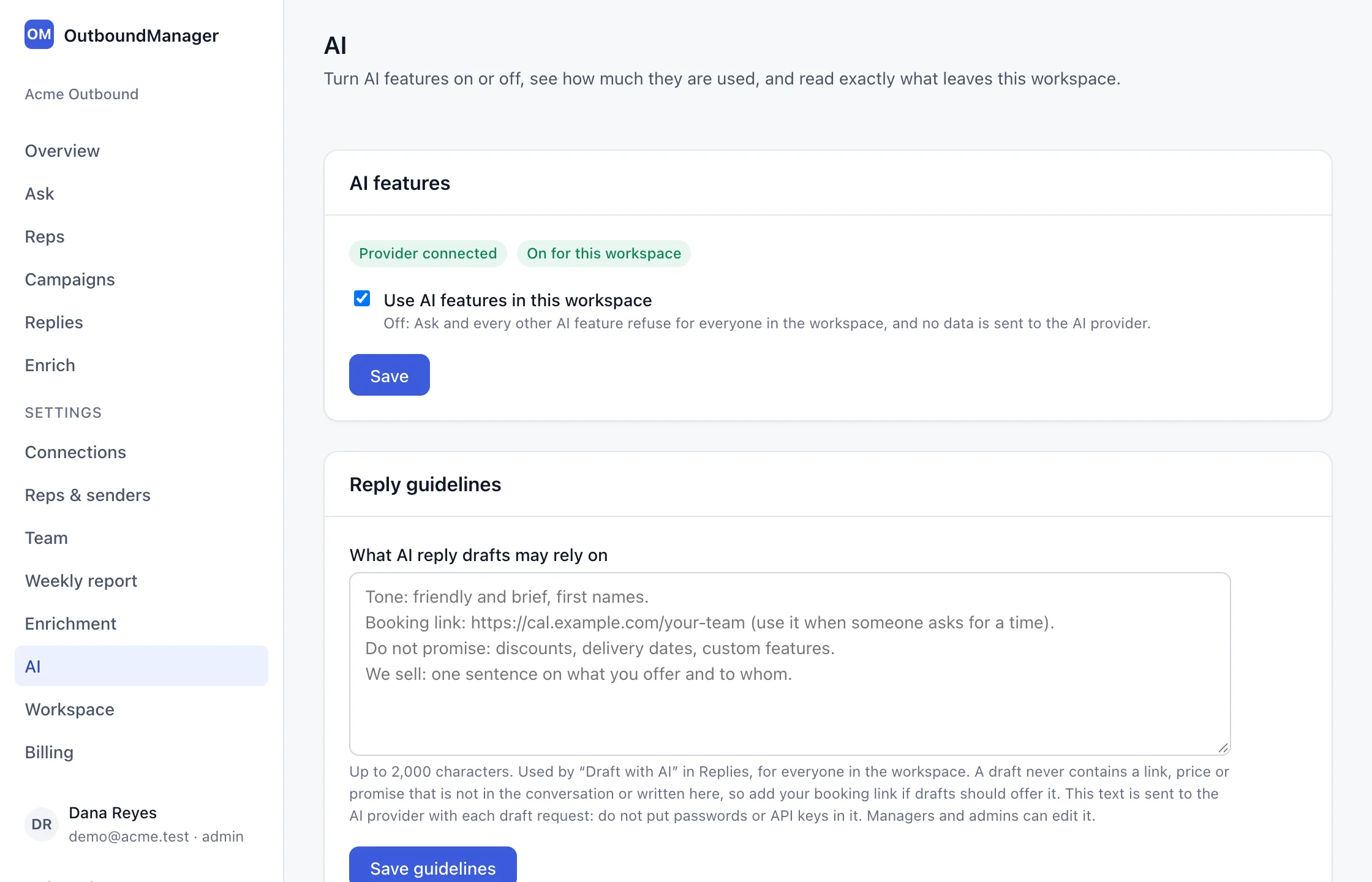 Settings, AI: the switch that turns AI features on for the workspace, the reply guidelines box, and usage for the month against the token allowance