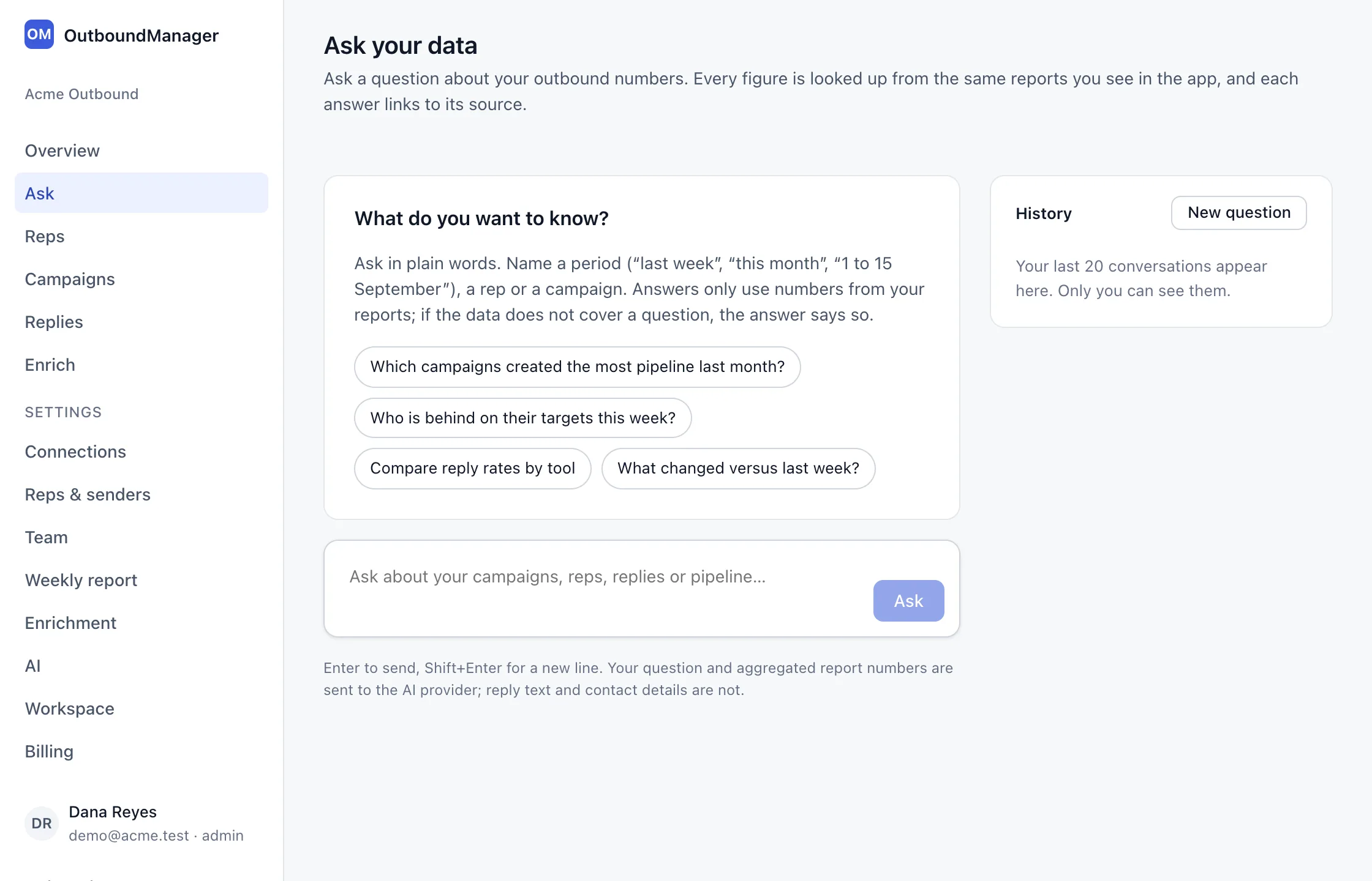 The Ask your data page: example questions, a question box and a private history panel