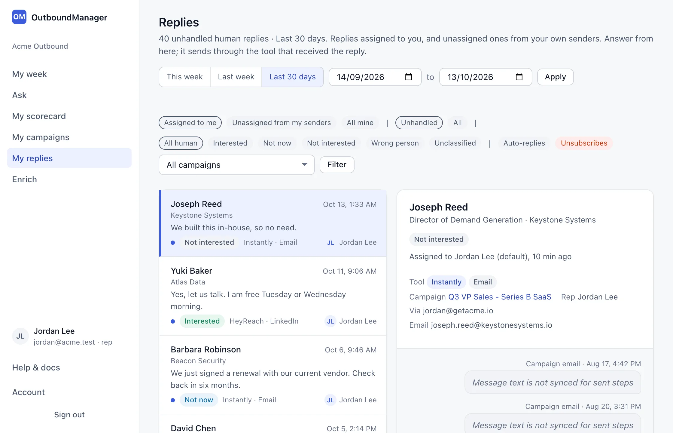 A rep's reply queue filtered to Assigned to me, with classified replies on the left and an open thread on the right