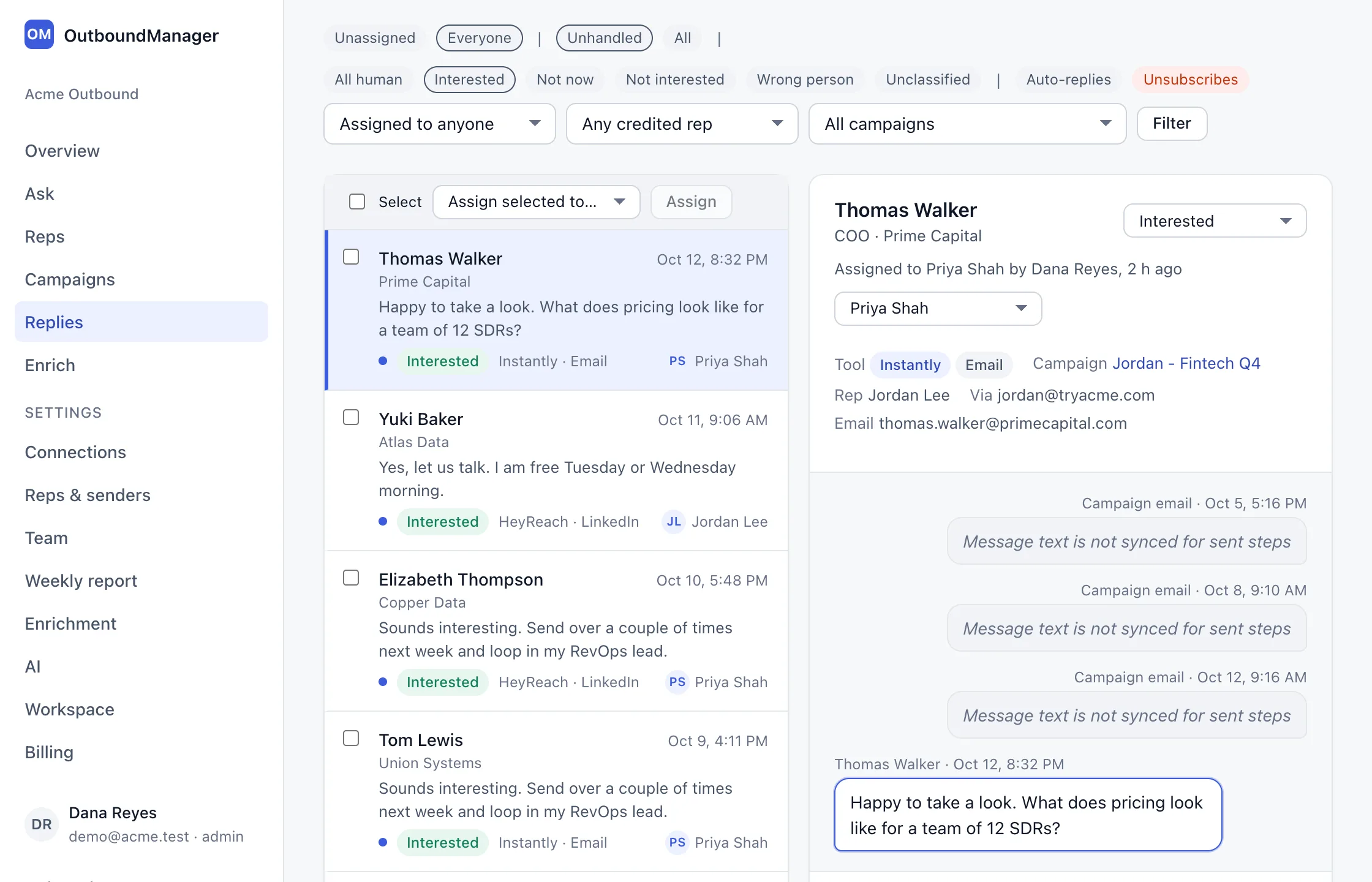 The reply queue: interested replies on the left and an open thread, assigned to a rep, with a reply box on the right