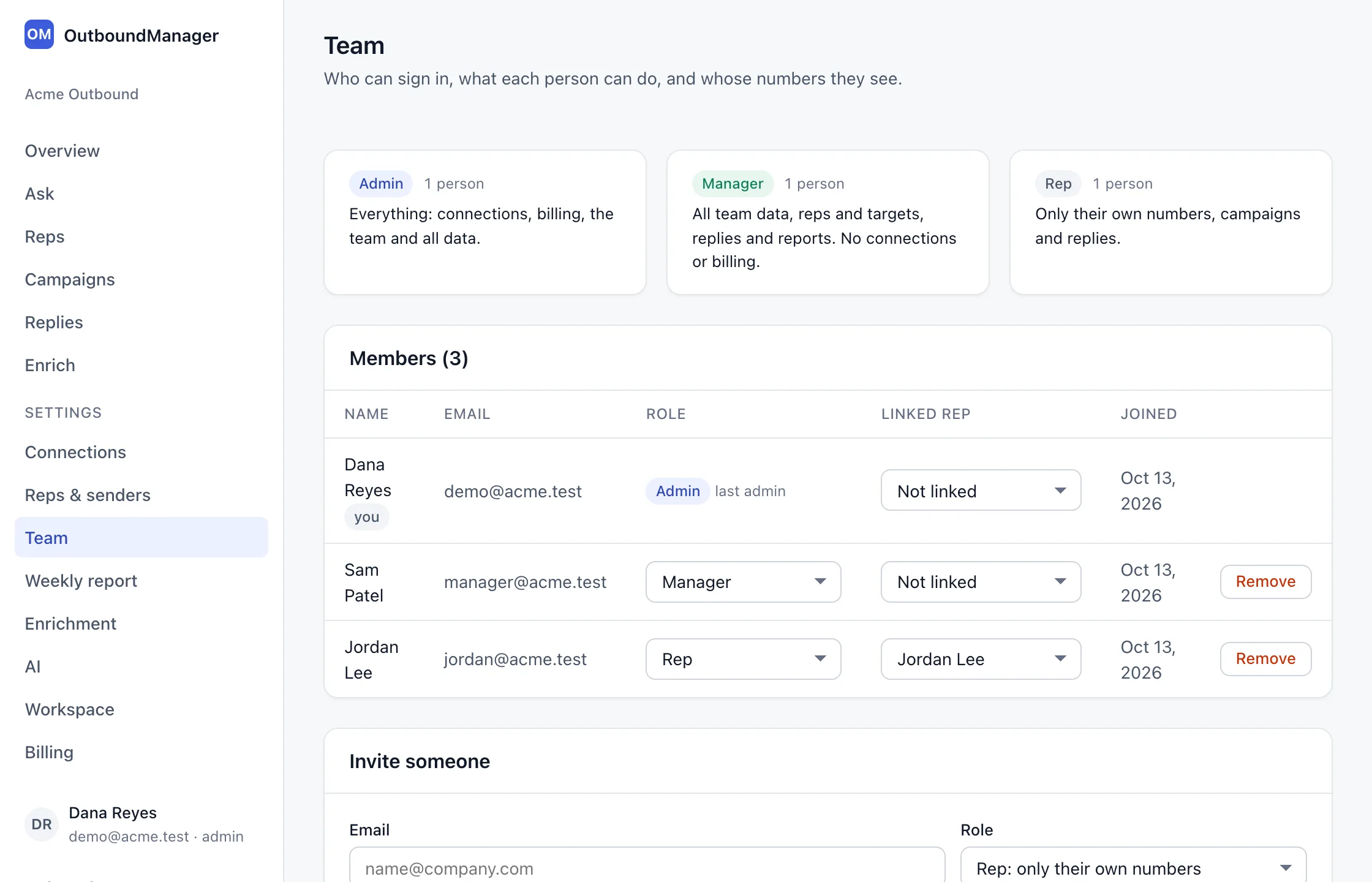 Settings, Team: the three roles explained, a members table with a role and a linked rep for each login, and the Invite someone form with email, role and Link to rep