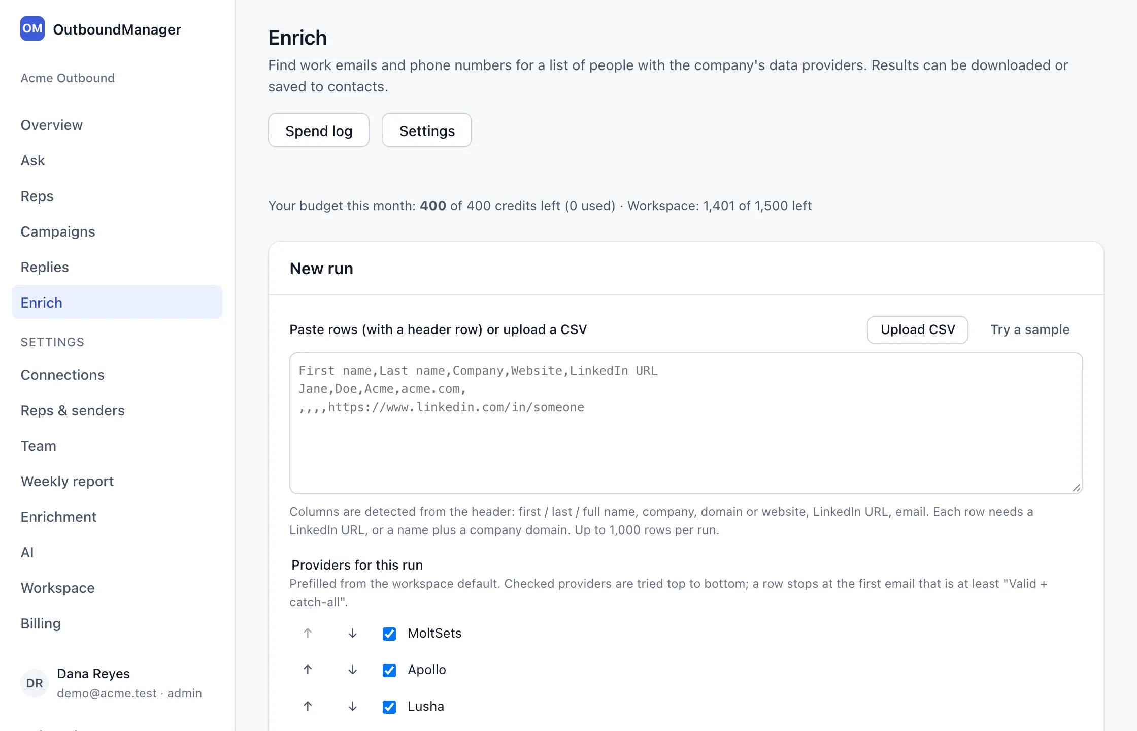 The Enrich page: the monthly budget left, a box to paste rows or upload a CSV, the providers for this run in order, and Find email and Find phone tick boxes