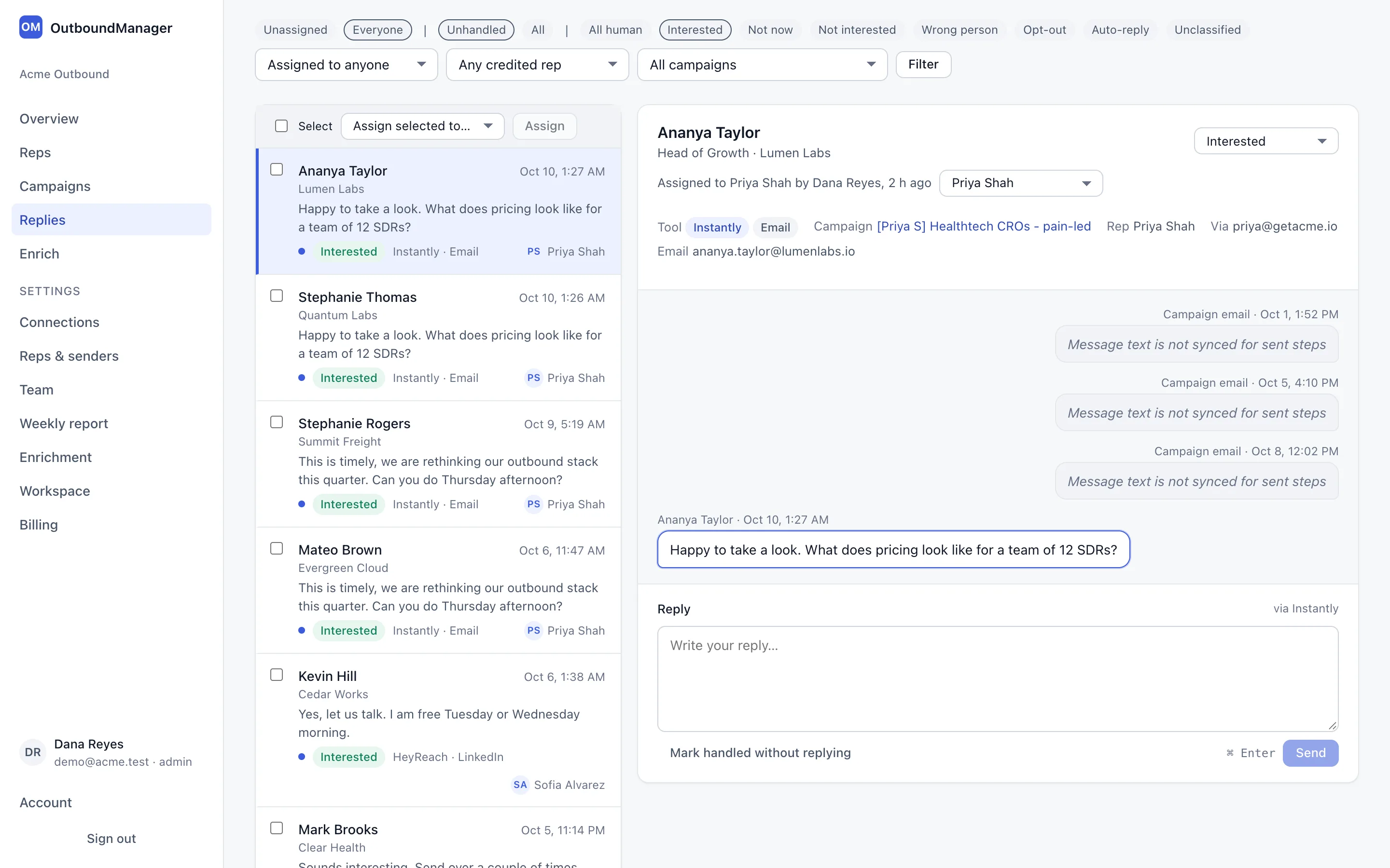 Reply queue with interested replies on the left and an open thread with a reply composer on the right