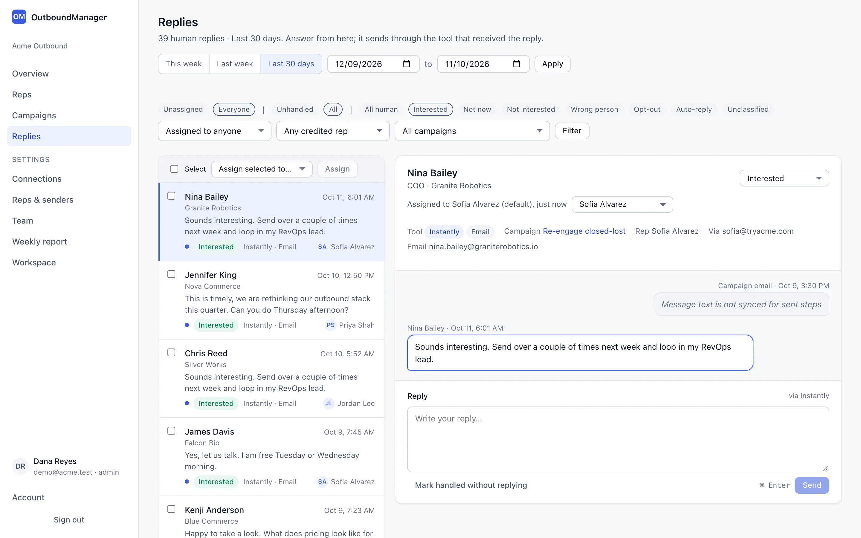 Reply queue with interested replies on the left and an open email thread with a reply composer on the right